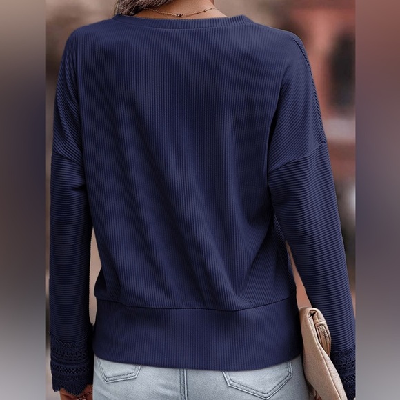 🔥🔥Blue Ribbed Lace Trim V Neck Long Sleeve Top - Picture 7 of 7